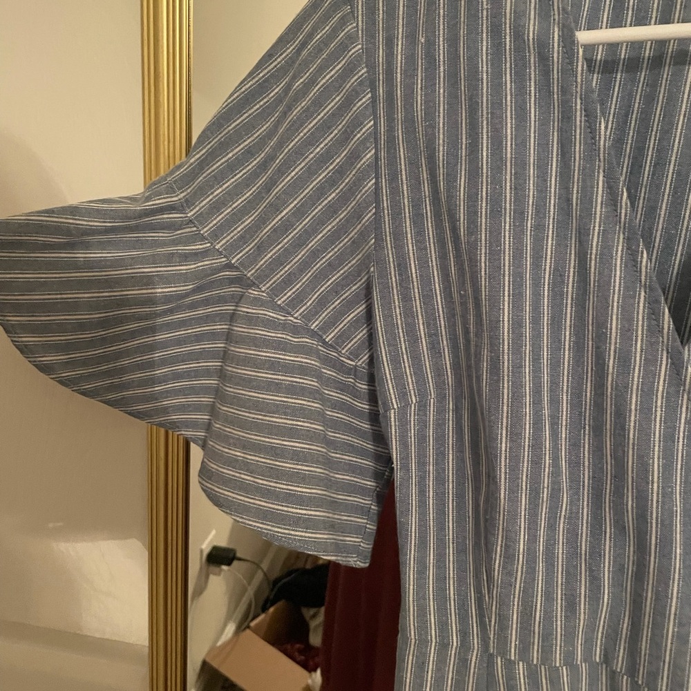 Blue mini wrap dress with white stripes - Picture 2 of 4